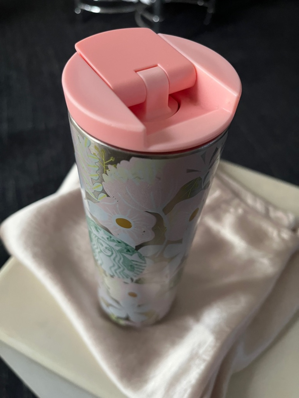 Starbucks (16oz/473 ml) Pink floral themed stainless steel double wall tumbler